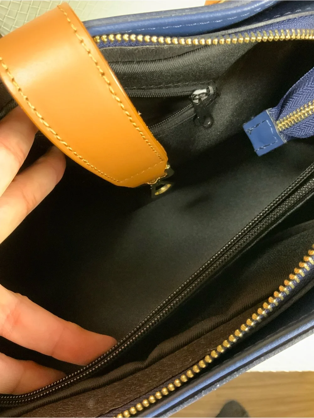 Chiara Ferretti Navy and Tan Leather Tote with Gold Hardware